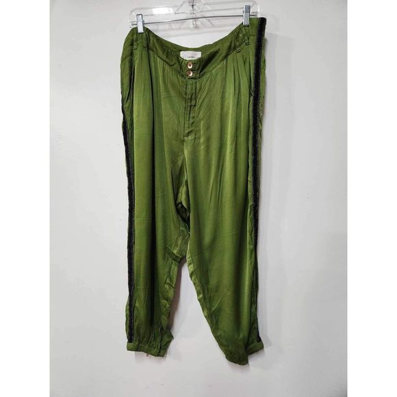 Anthropologie Diandra Green Satin Pleated Joggers Size 16. B-3 - Picture 8 of 11